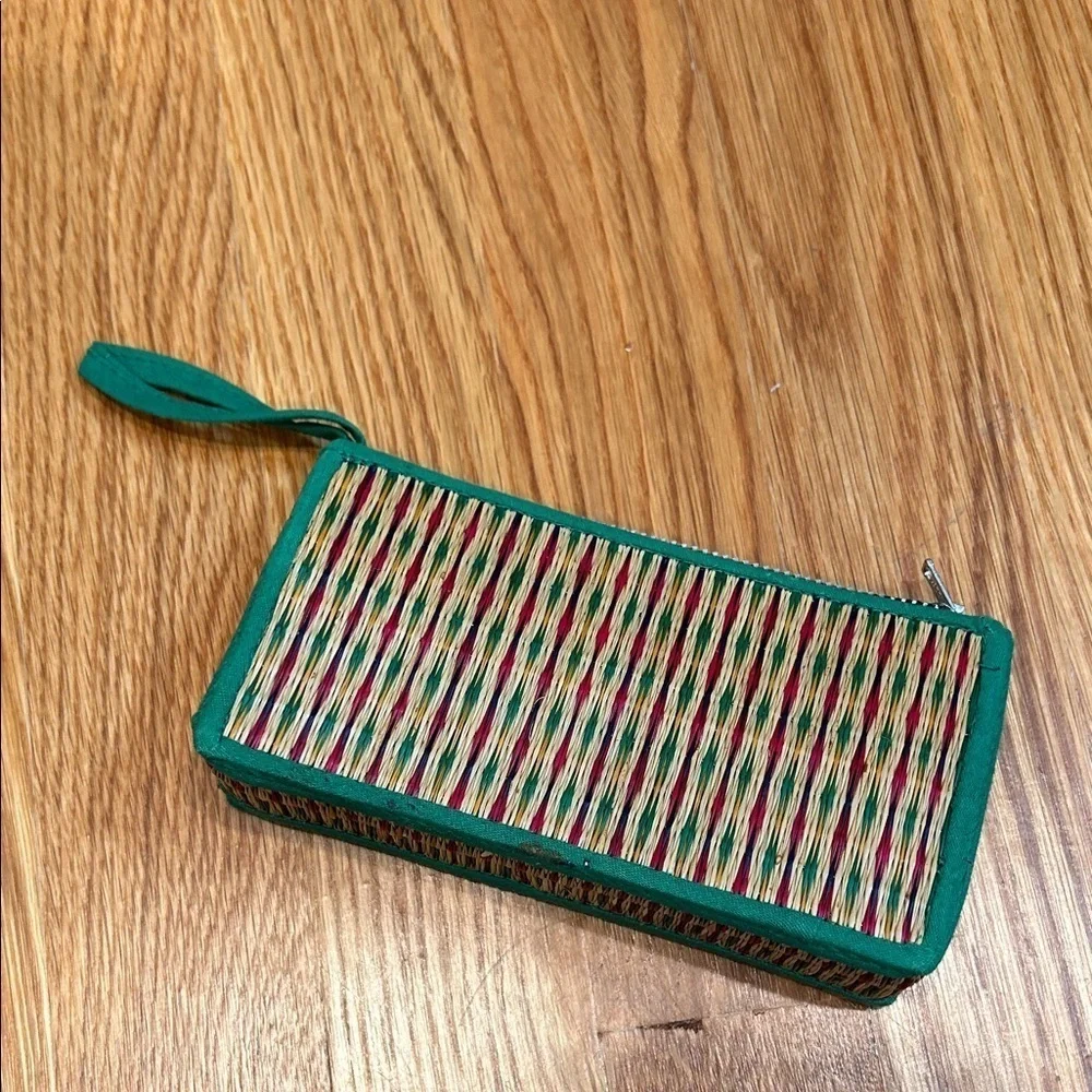 vintage mayan Woven wicker Clutch and Wallet Set Pink Trim purple green bundle